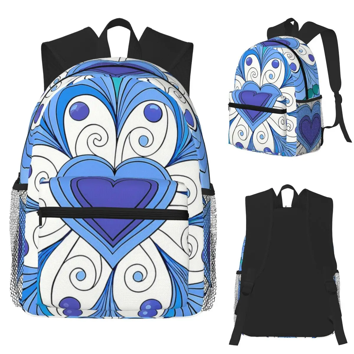 

Blue Heart Mandala Love And Serenity Student Backpack School Bag Hiking Travel Daypack Fashion Bookbag Shoulder Bags