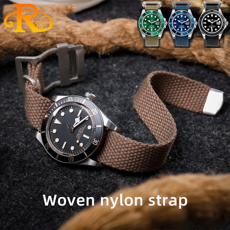 

20mm 22mm Vintage Breathable canvas watch strap For Tudor Rolex Black green water ghost Hamilton Seiko Men's Braid Fabric Bands