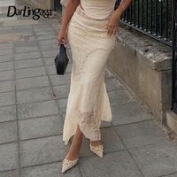 Darlingaga Fairycore Chic Fold Elegant Long Skirt Female Low Waisted Fashion Asymmetrical Lace Skirt Slim Two Pieces Outfits New
