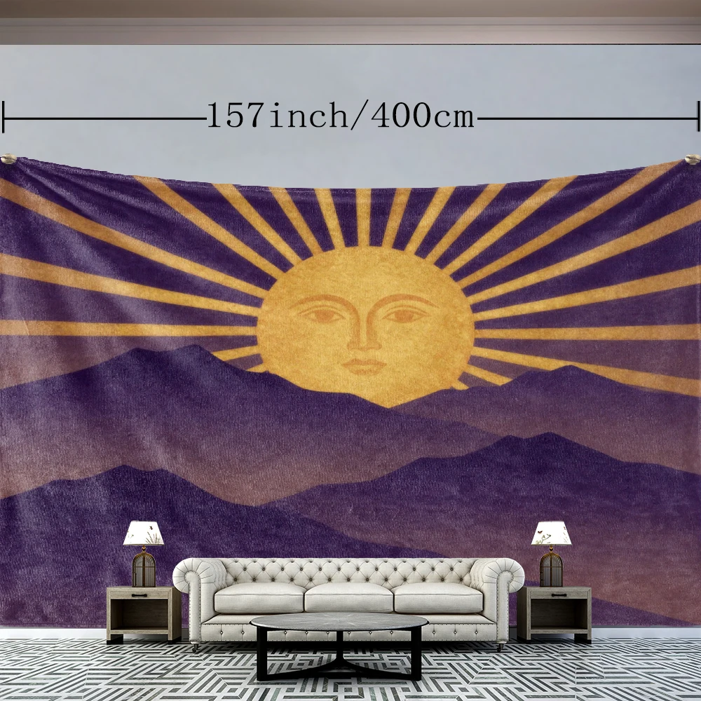 Purple Mountains Sun Face Radiant Wall Tapestry, Boho Mystic Decor