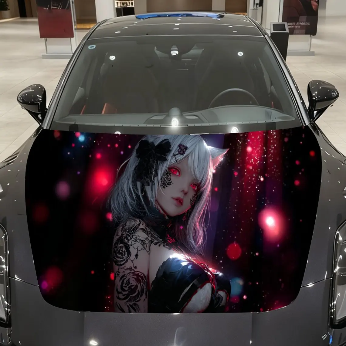 

Cyber Tattoo Cat Ear Girl Car Vinyl Wrap, PVC Material Waterproof Car Hood Sticker, Self-Adhesive Scratch-Resistant Stickers for