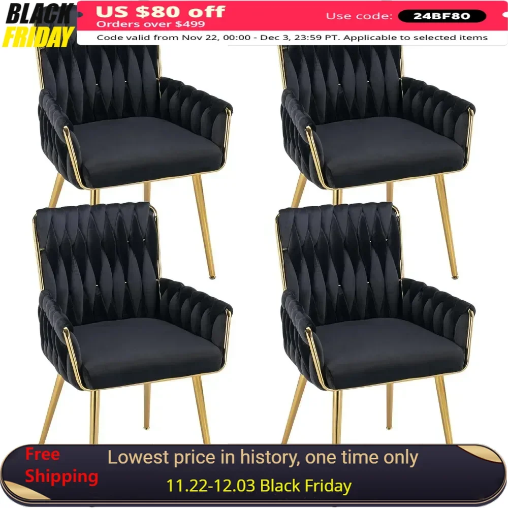 Velvet Dining Chairs Set of 4, Modern Hand Weaving Dining Room Chairs with Golden Metal Legs & Armrest, Dining Chairs