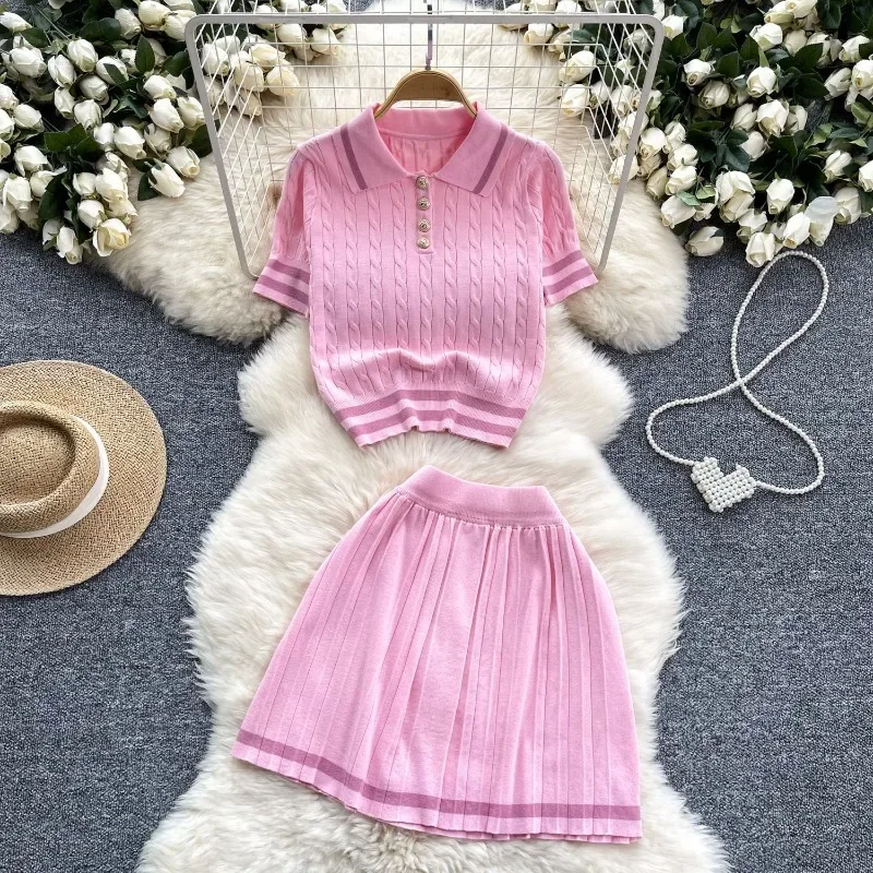 

Summer New Women Knitwear Two Piece Set Retro Contrast Color Short Sleeve Top High Waist Pleated Skirt