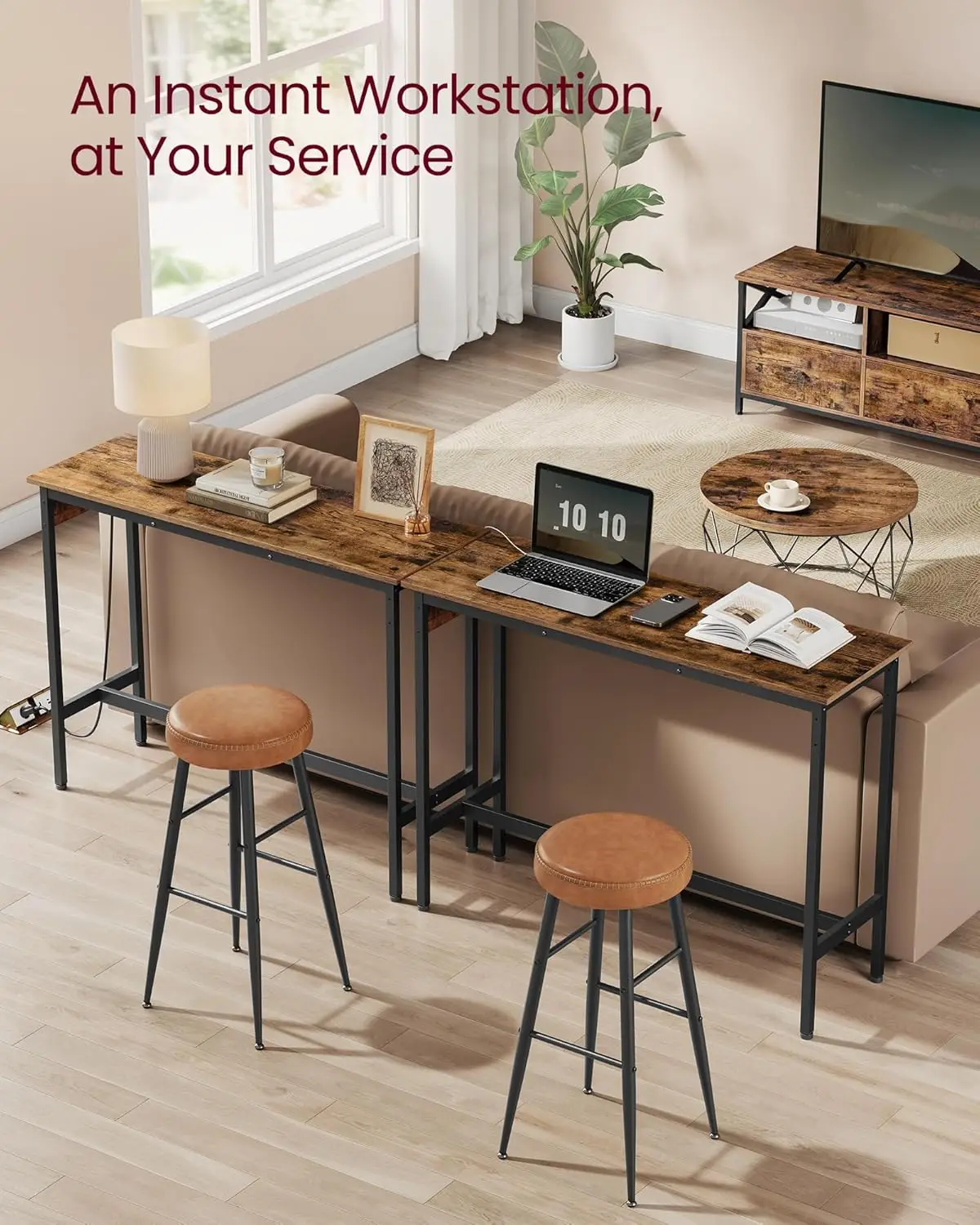 Bar Table, Narrow Long Table with Charging Station, Kitchen Dining Table, High Pub Table, Sturdy Metal Frame, Industrial, 15.7 x