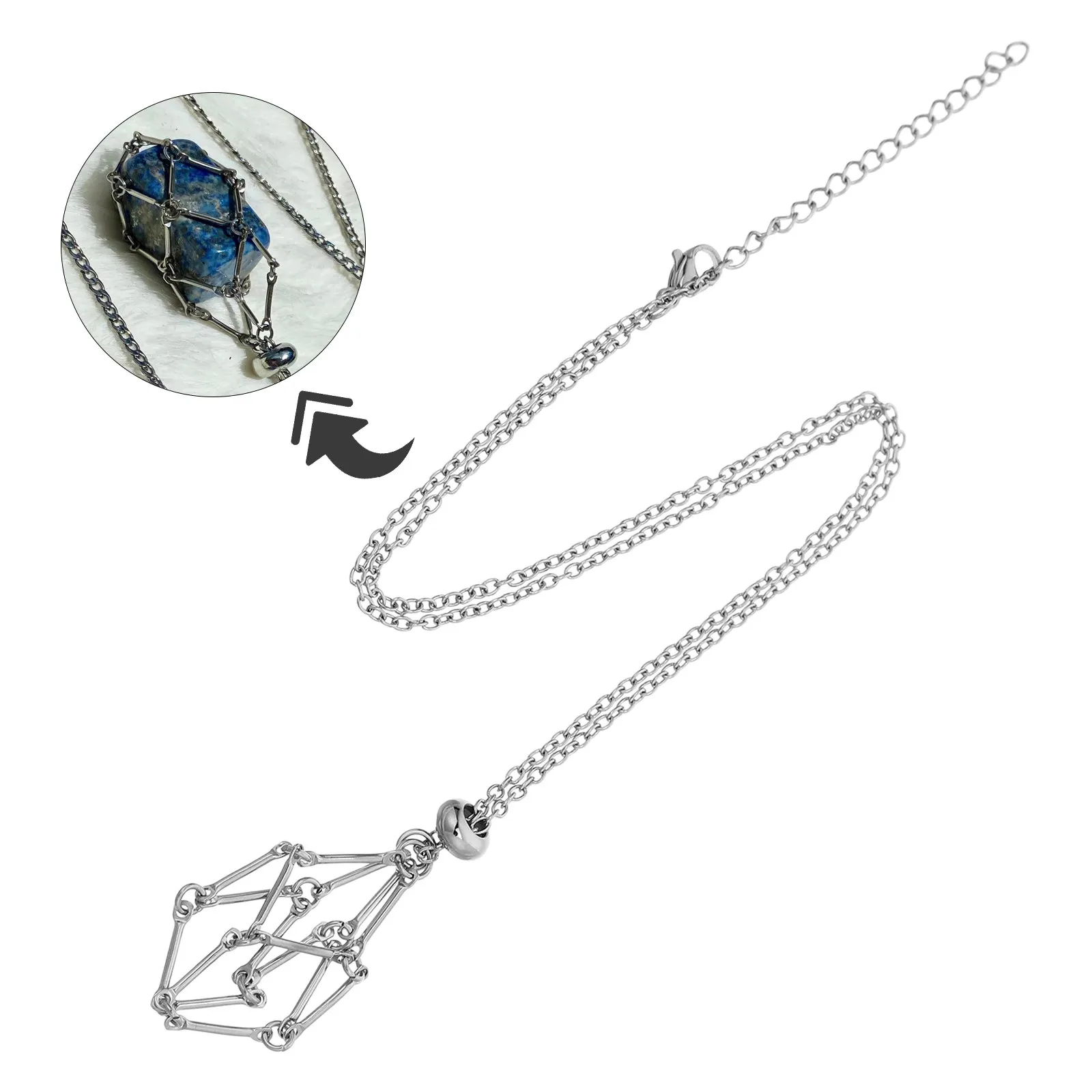 

Natural Stone Crystal Necklace in Handwoven Stainless Steel Cage Pendant Adjustable Chain for DIY Healing Stones Jewelry