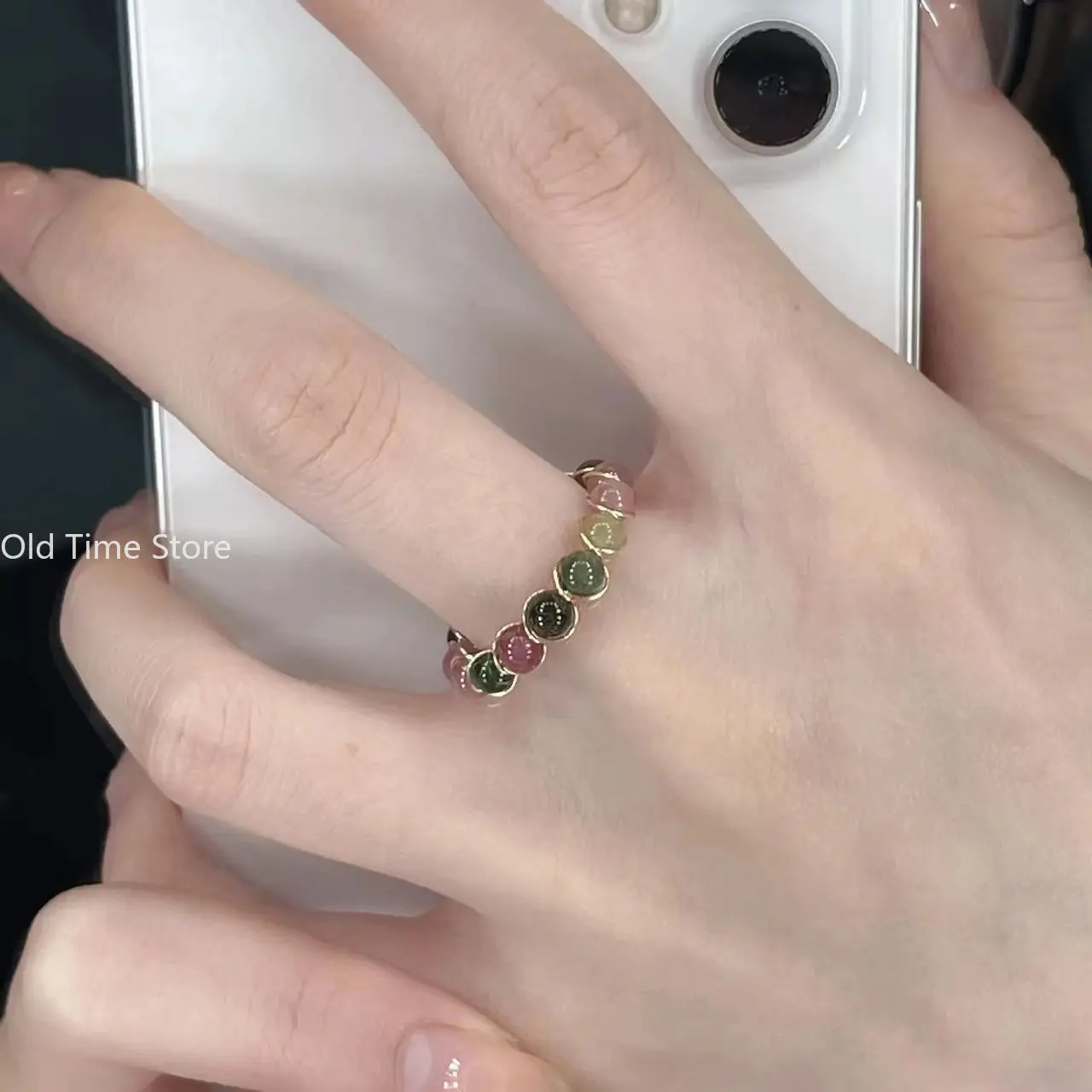 Rainbow Tourmaline Ring Fashionable Multi Treasure Bead Ring Female Niche Ins High-end Sense Index Finger Ring