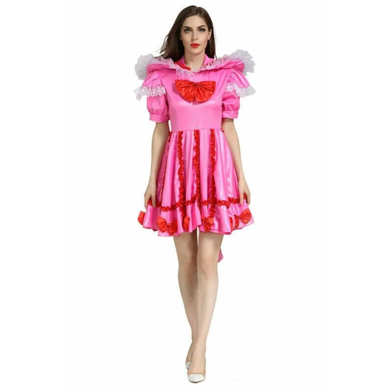 

Fashion Adult Giant Baby Sexy Girl Pink Satin Lockable Dress Bowtie Lace Sissy Role Play Makeup Ball Customization