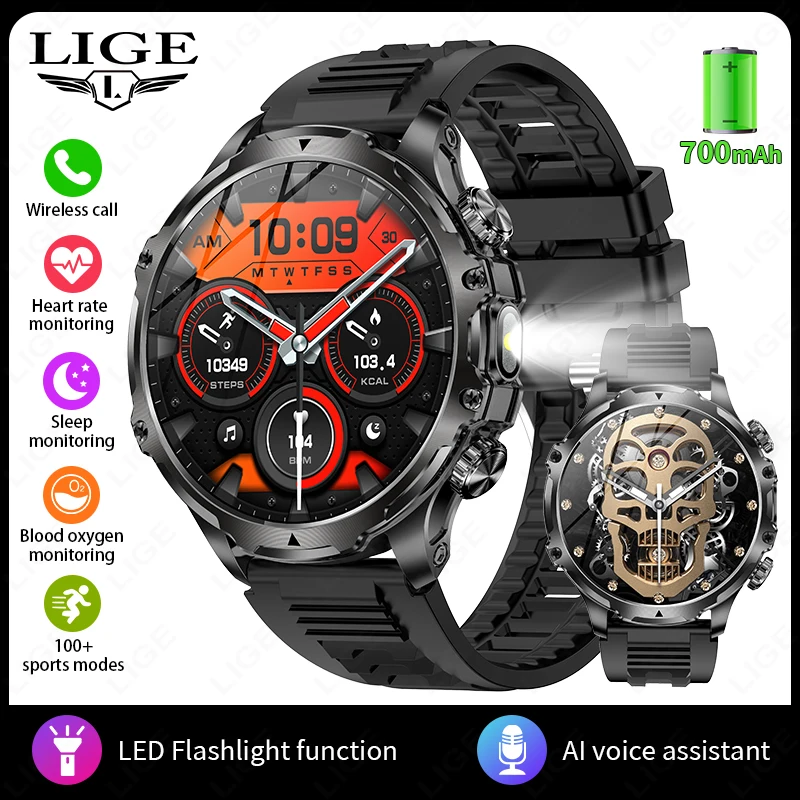 LIGE Smart Uhr Männer Taschenlampe 1,9 zoll 416*416HD Bildschirm Im Freien Sport Fitness Tracker 700mah Große Batterie BT anruf Smartwatch 3