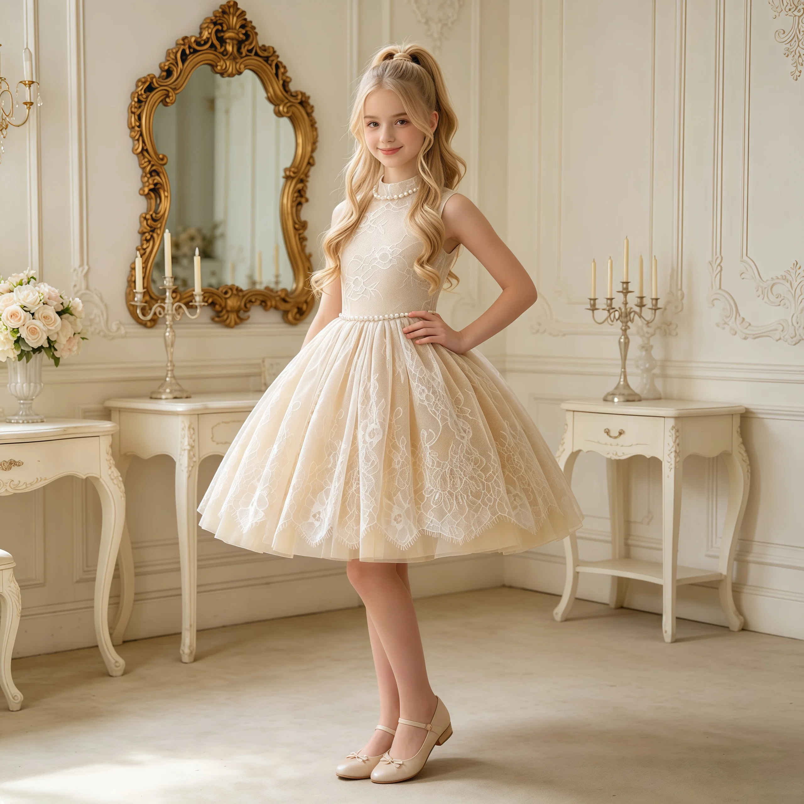 Elegantes Blumenspitzen-Partykleid für Mädchen, Perlenbesetztes Hochzeits-Brautjungfern-Geburtstags-Prinzessinnen-Ballkleid, Mädchen-Gala-Abschluss-Abendkleid