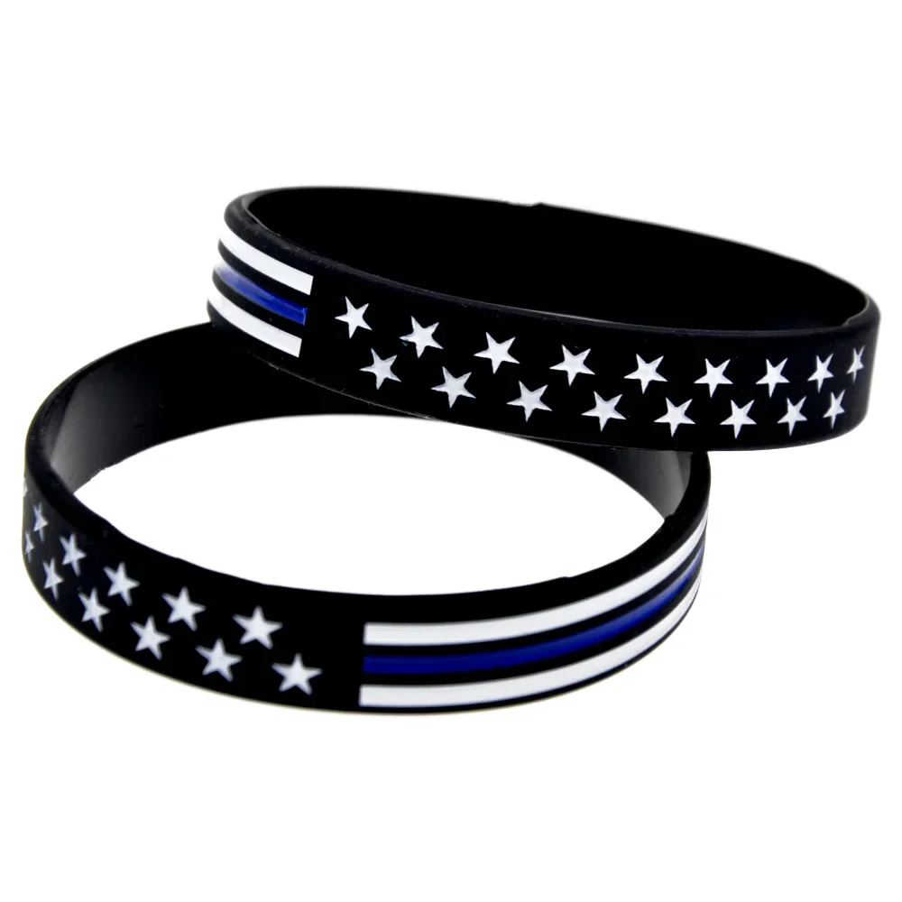 50 Stück dünne blaue Armbänder mit US-Flaggenmuster aus Silikon, zur Unterstützung von Polizei und Strafverfolgungsbehörden, strapazierfähige, dehnbare Armbänder. – Detail 3