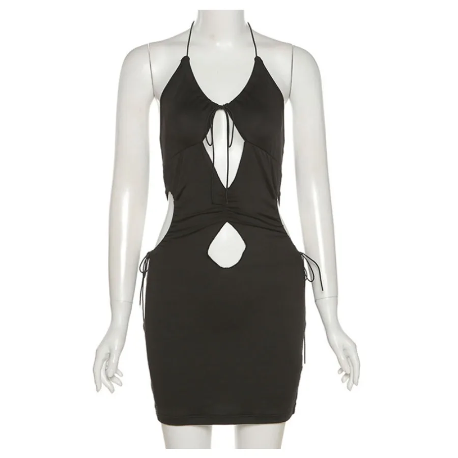 

【New style】 2021 autumn new women's clothing pure color style sexy hole hanging neck lace dress