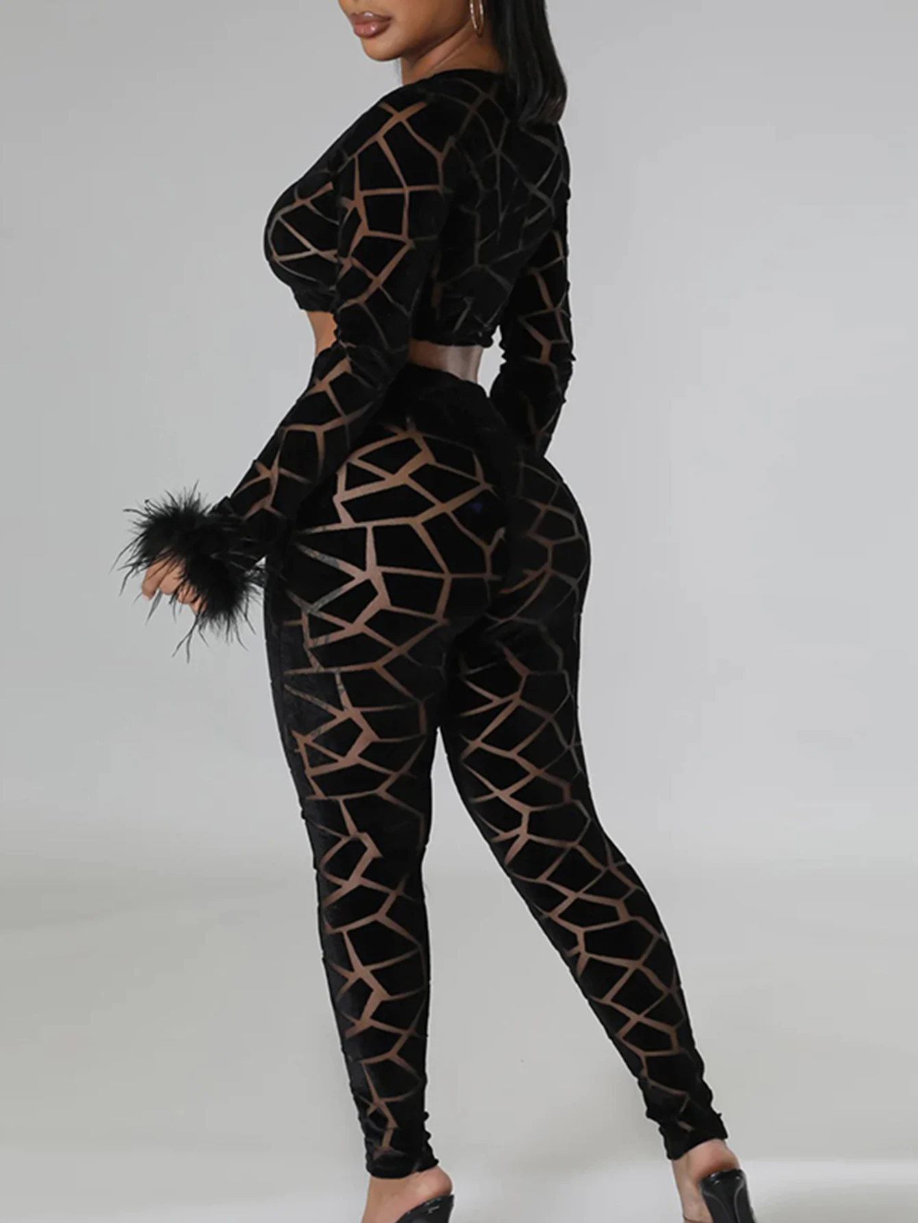 Sexy see through velvet mesh jumpsuit women 2024 summer body Pants birthday party club outfits Long sleeve jumpsuits bodysuit HL