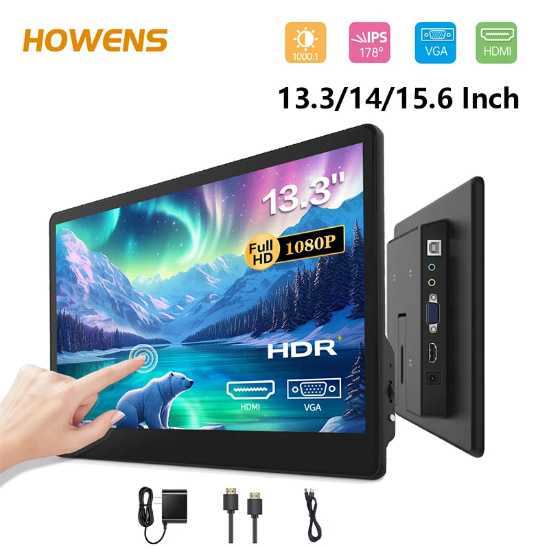 Monitor Touch FHD de 13.3/14/15.6 Polegadas 1200P 60Hz Tipo-C HDMI VGA AV VESA75 para Escritório, Jogos, CFTV, Laptop, Segundo Display com Suporte