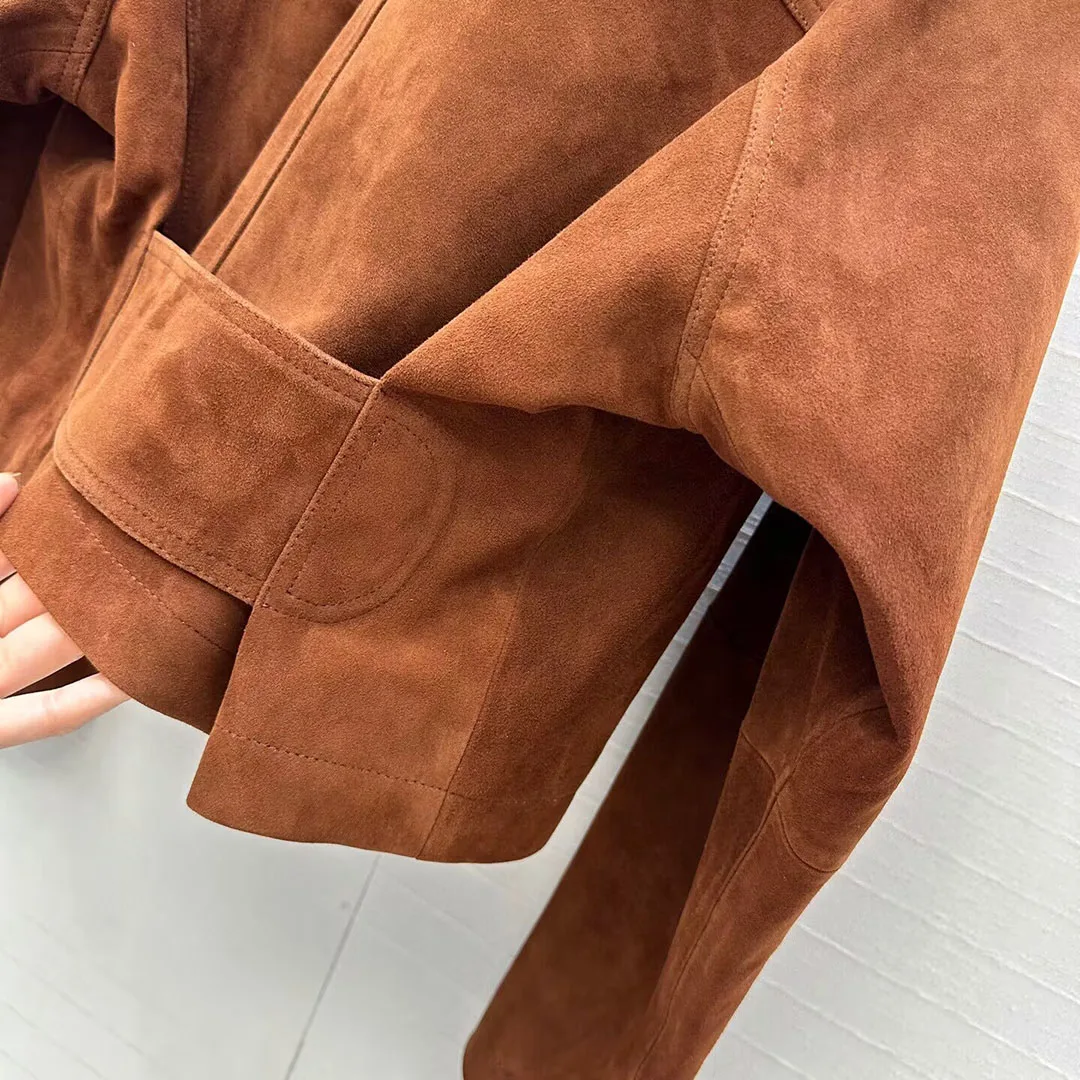 最高品質 100% スエード羊革ジャケット女性スタンドカラージッパー長袖バックワイドベルトレトロ本革ショートコート