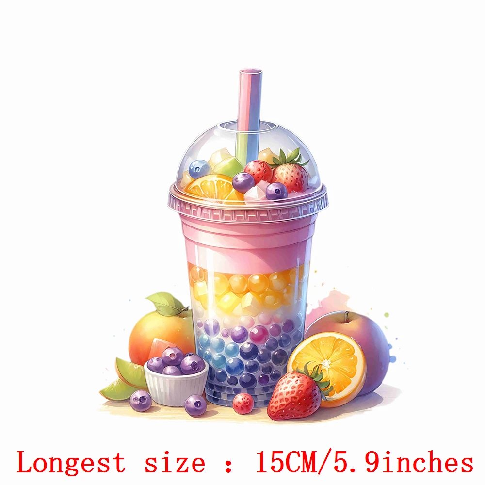 15cm Colorful Pearl Milk Tea Fruit Juice Iron On Heat Transfer Sticker For Clothes Pinted Vinyl Thermal Washable T-Shirt Decal