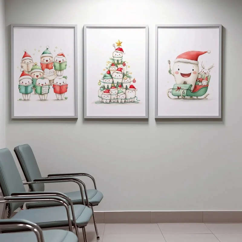 3pcs Cute Christmas Tooth Character Wall Art Prints Watercolor Dentist Clinic Decor Festive Winter Kids Room Unframed Canvas