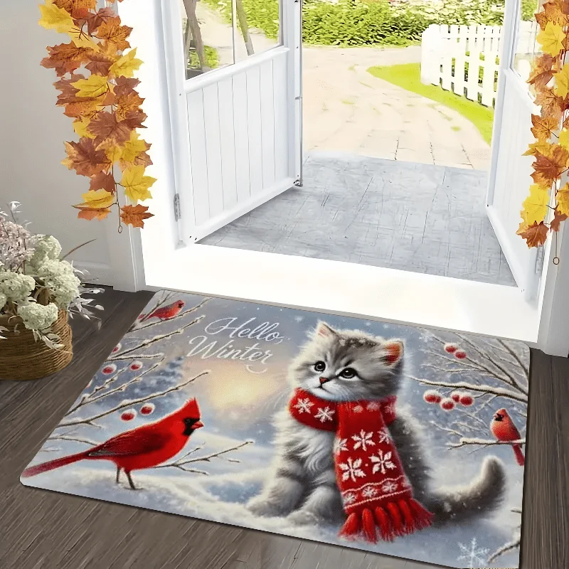 Winter Seasonal Floor Mat Adorable Kitten Wearing Scarf with Cardinal Birds Snow‑Scenery Graphic Decor Rug for Home Entryway