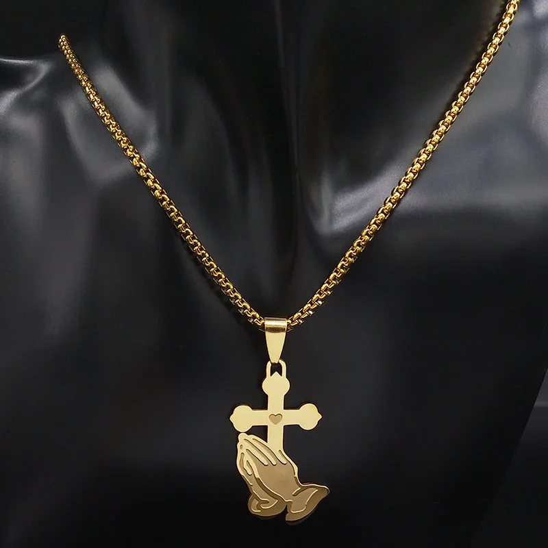 Jesus Cross Praying Hand Stainless Steel Chain Necklaces for Men Gold Color Catholic Religious Faith Jewelry corrente N1166