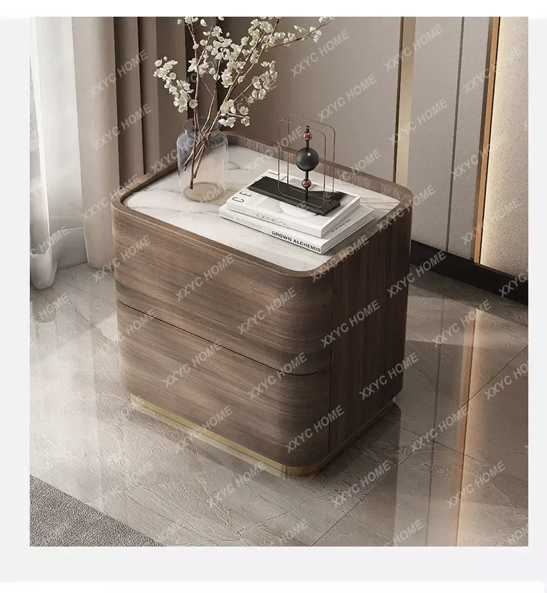 

X40 Modern Simple Wood Grain Bedside Table Round Corner Locker Walnut Veneer Textured Bedroom Furniture