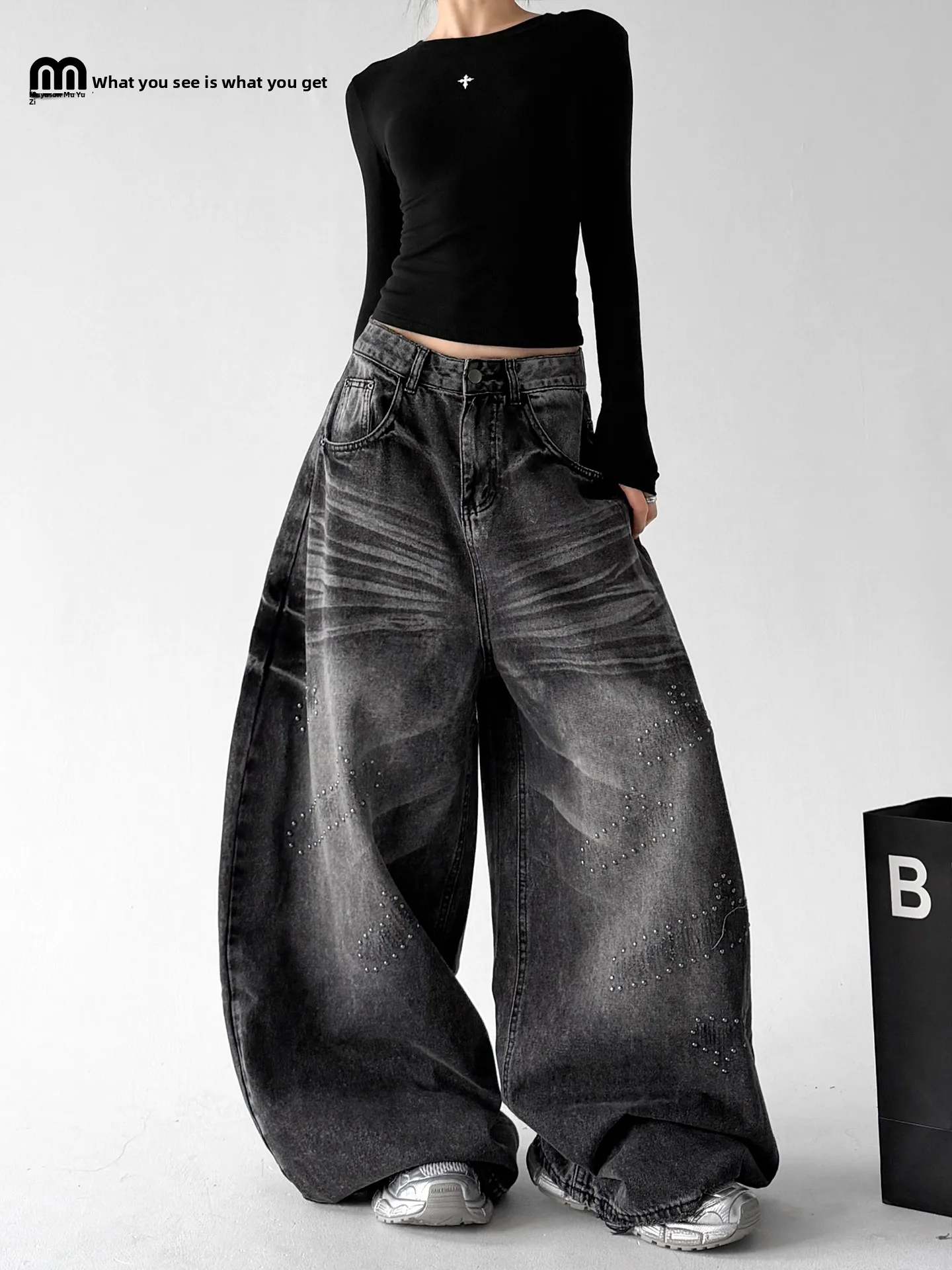 Retro American Wide Leg Denim Jeans Women's Loose Fitting Black Washed Floor-Length Trousers Casual Comfortable Cotton Blend