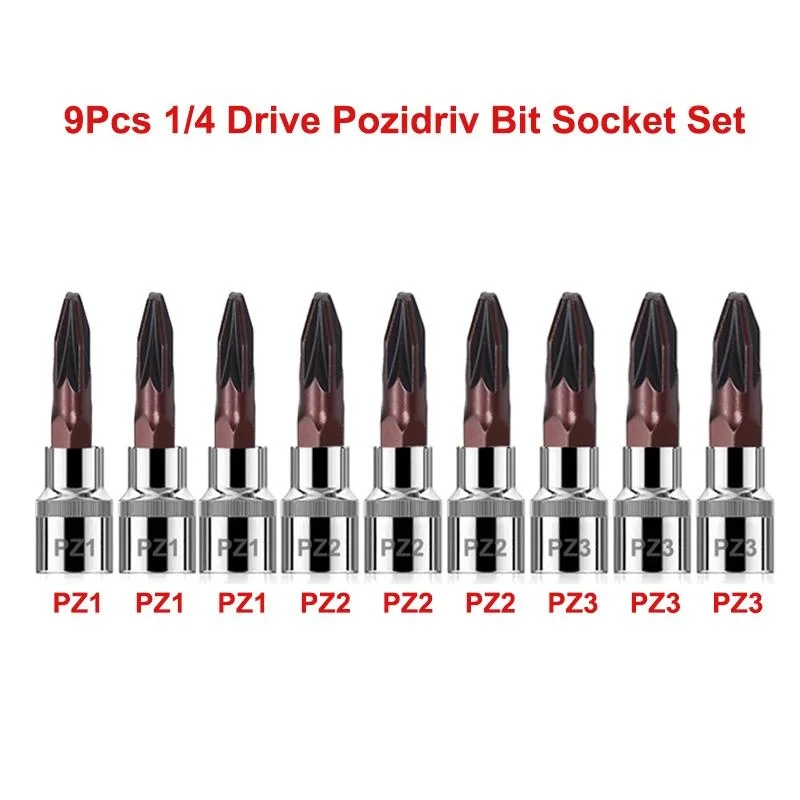 1/4 Drive Pozidriv Bit Socket Set PZ1 PZ2 PZ3 CR-V Bit Socket S2 Steel Pozidriv Screwdriver Bit Socket for Cars Trucks Tool