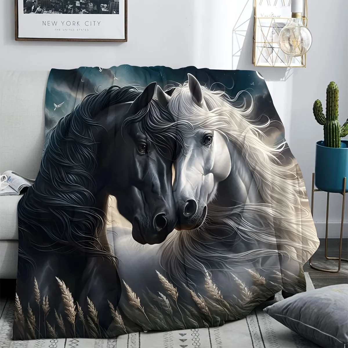 Dreamy Horse Art Throw Blanket Polyester Cozy Plush Aesthetic Equestrian Mythology Decor Gift for Living Room