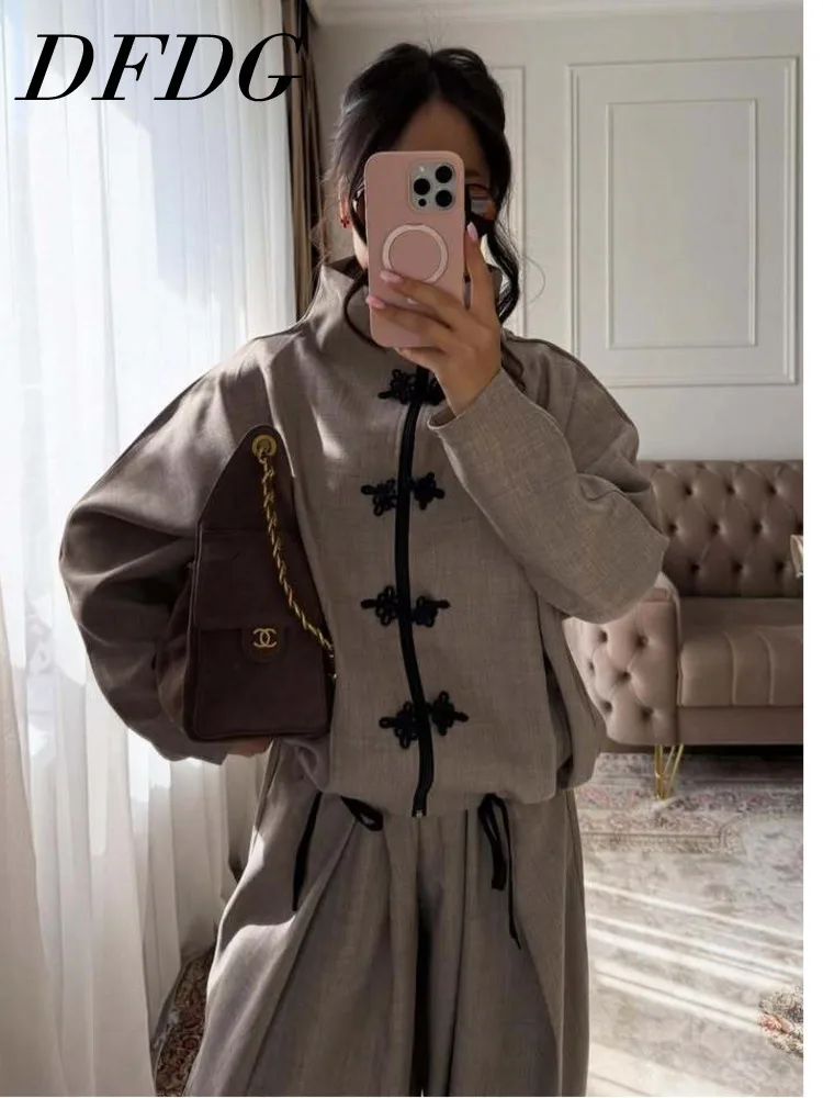 

DFDG Women 2026 Spring Chinese Style Two Piece Outfit Mandarin Collar Frog Button Oversized Top High Waist Wide Leg Pants Set