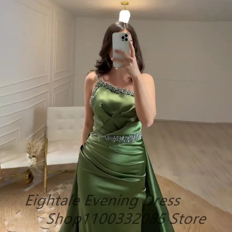 Eightale Army Green Mermaid Evening Dresses Long Luxury Beaded One Shoulder Prom Dress Waist Train Formal Party Gown Customized