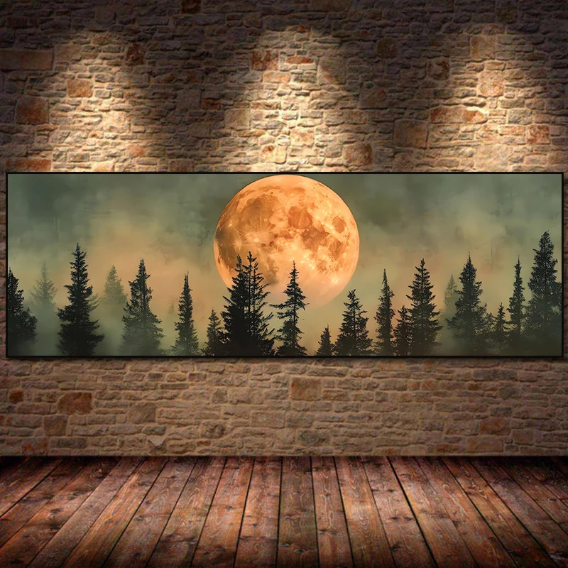 Full Moon with Forest Pine Tree Canvas Painting Print Poster Wall Art Picture for Living Room Home Decoration Cuadros Unframed