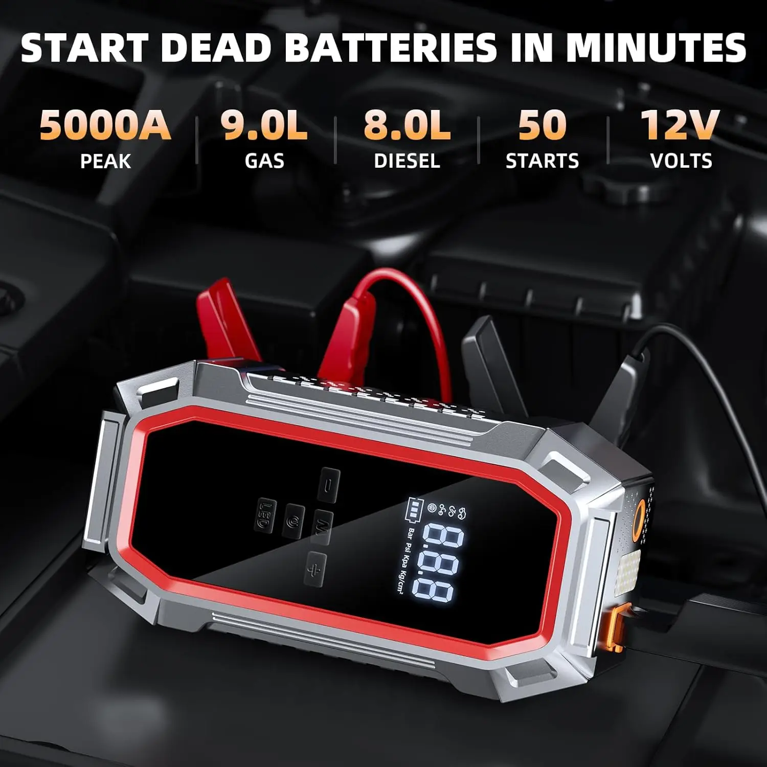 5000A Peak Car Jump Starter mit Luftkompressor, 160PSI Reifenfüller, Power Bank, LED-Licht für Fahrzeuge
