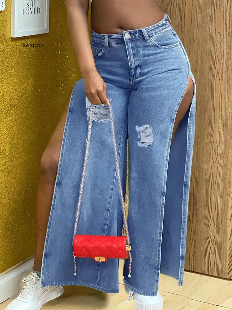 

New Women's High Waisted Straight Leg Jeans High Side Split Ripped Distroyed Denim Loose Pants