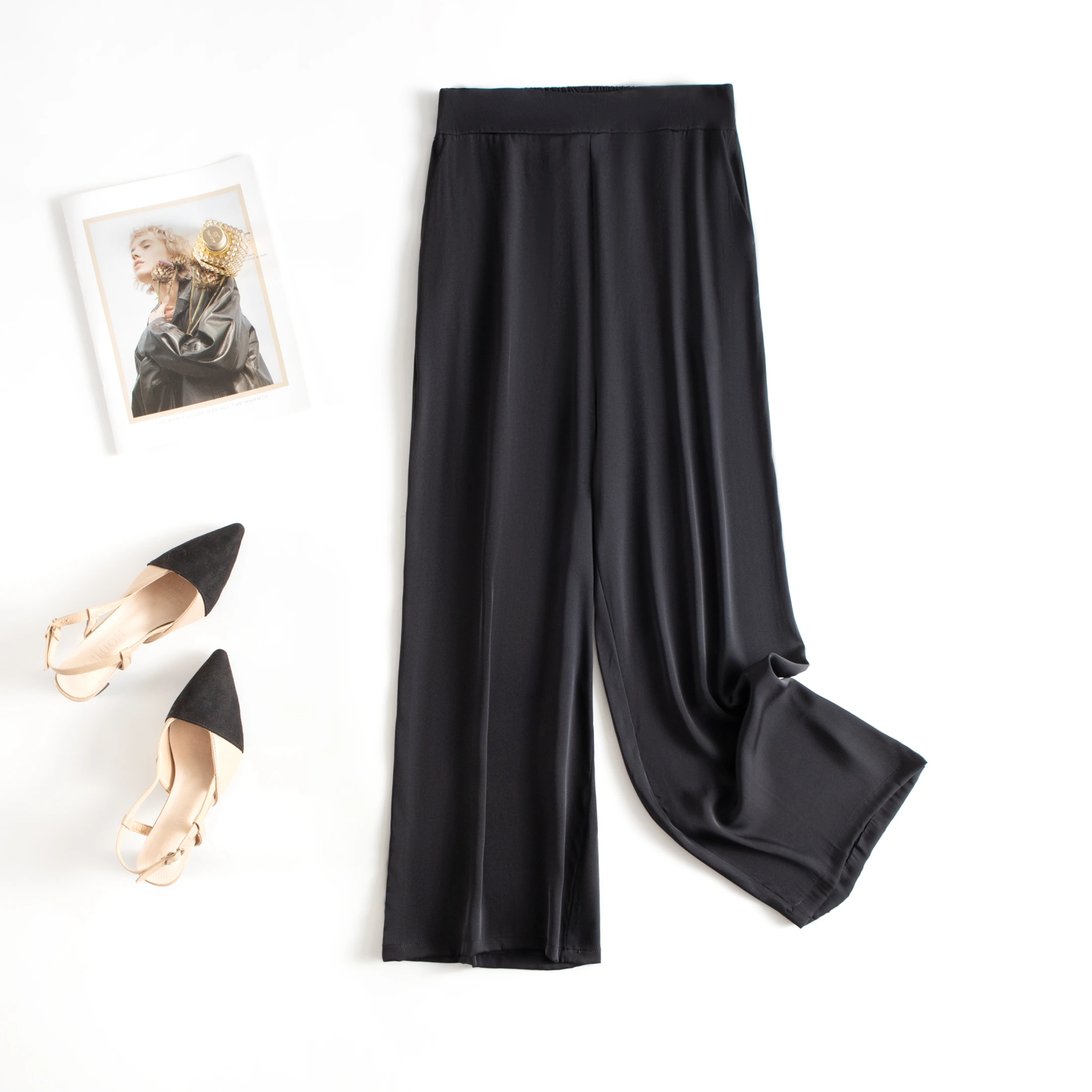 Women's Early Autumn New 93% Natural Mulberry Silk Elastic Double Qiao Satin Versatile Black Elastic Waist Straight Leg Pants
