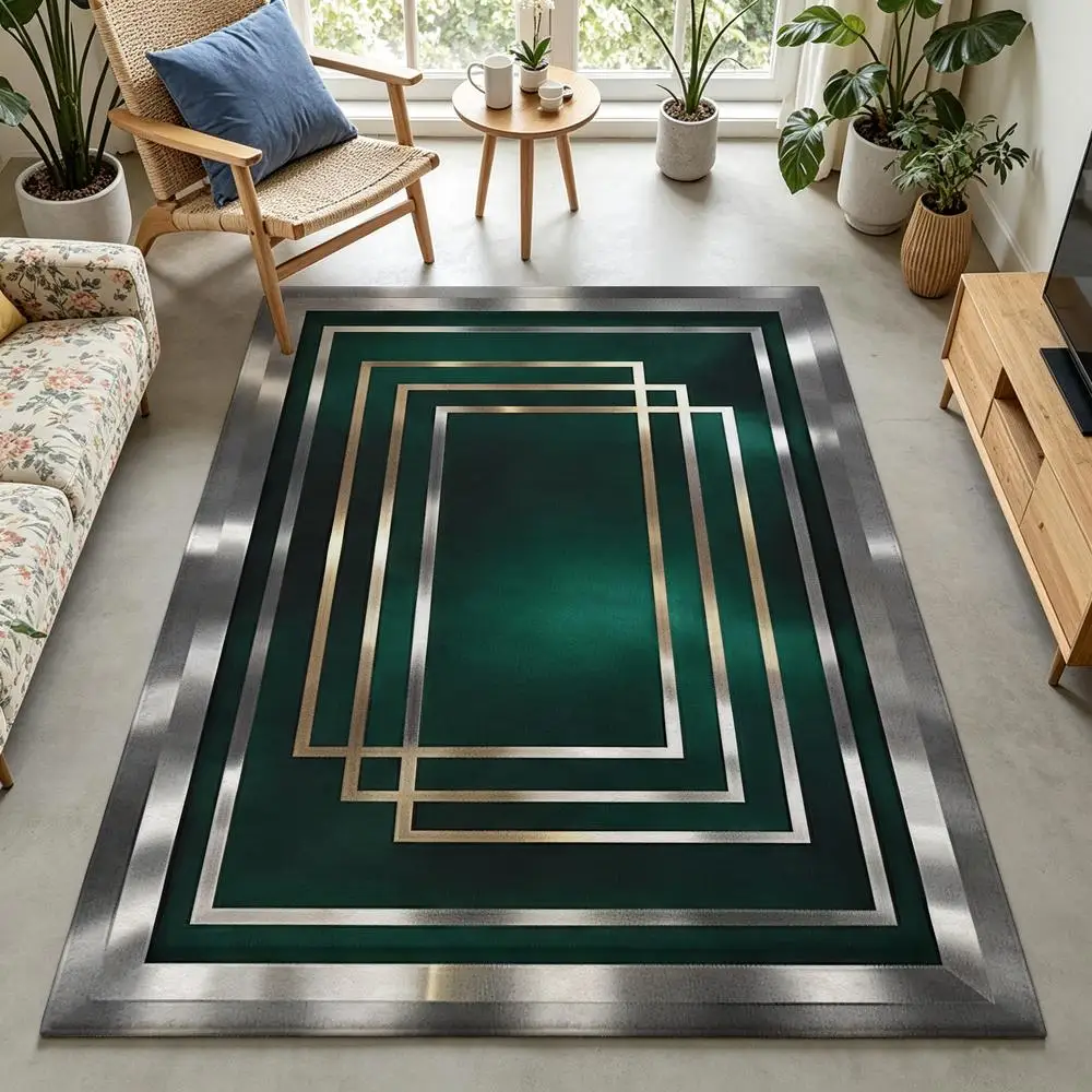2D 1 piece soft, easy to care, machine washable indoor rug, suitable for under dining table, geometric metallic style home decor, perfect for living room, bedroom, entryway, hallway, home office, elegant floor accent for contemporary modern home interiors
