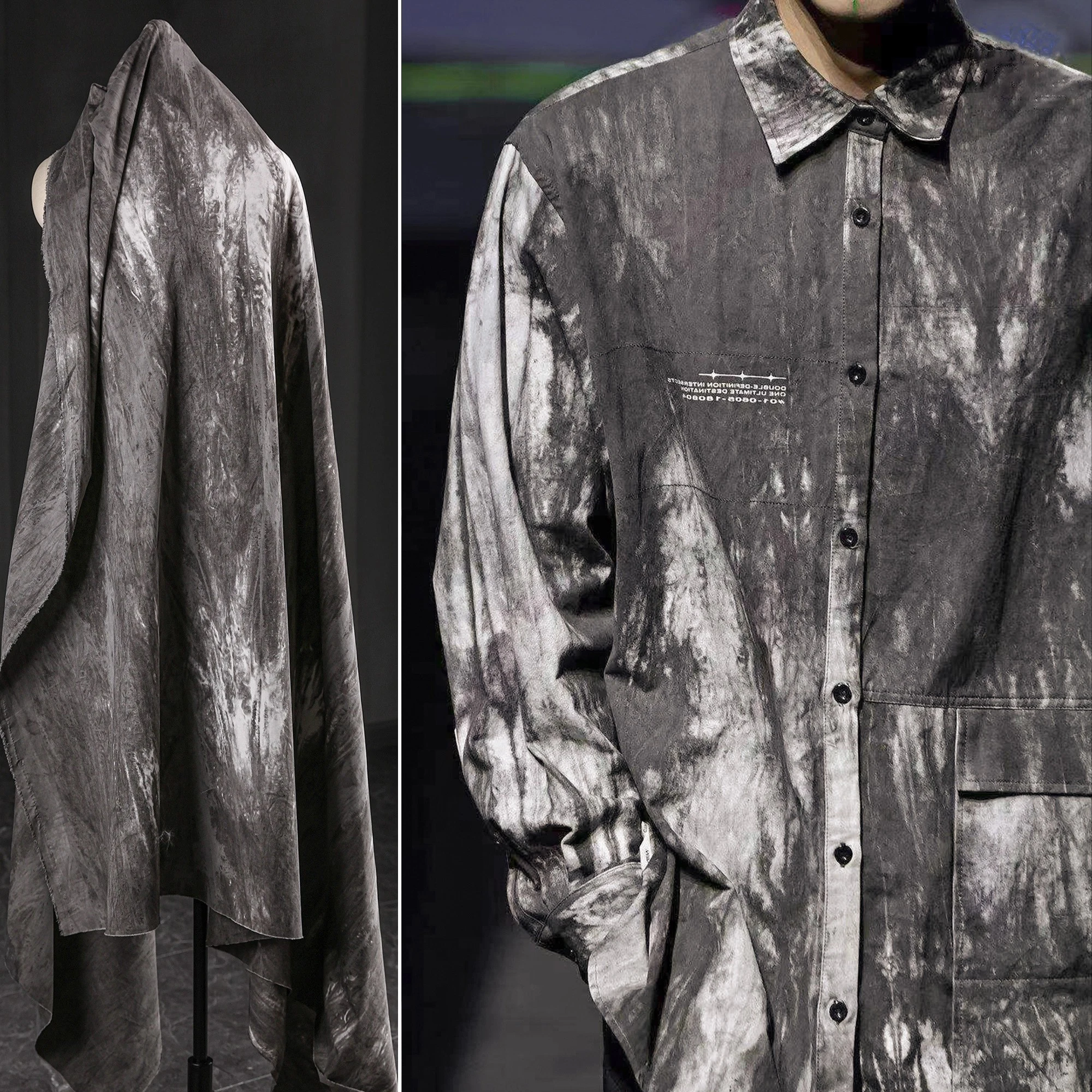 

Темно-серая ледяная цветочная ткань с выцветшими потертыми хлопчатобумажными текстурами, пальто в стиле ретро, брюки, дизайнерская ткань одежды