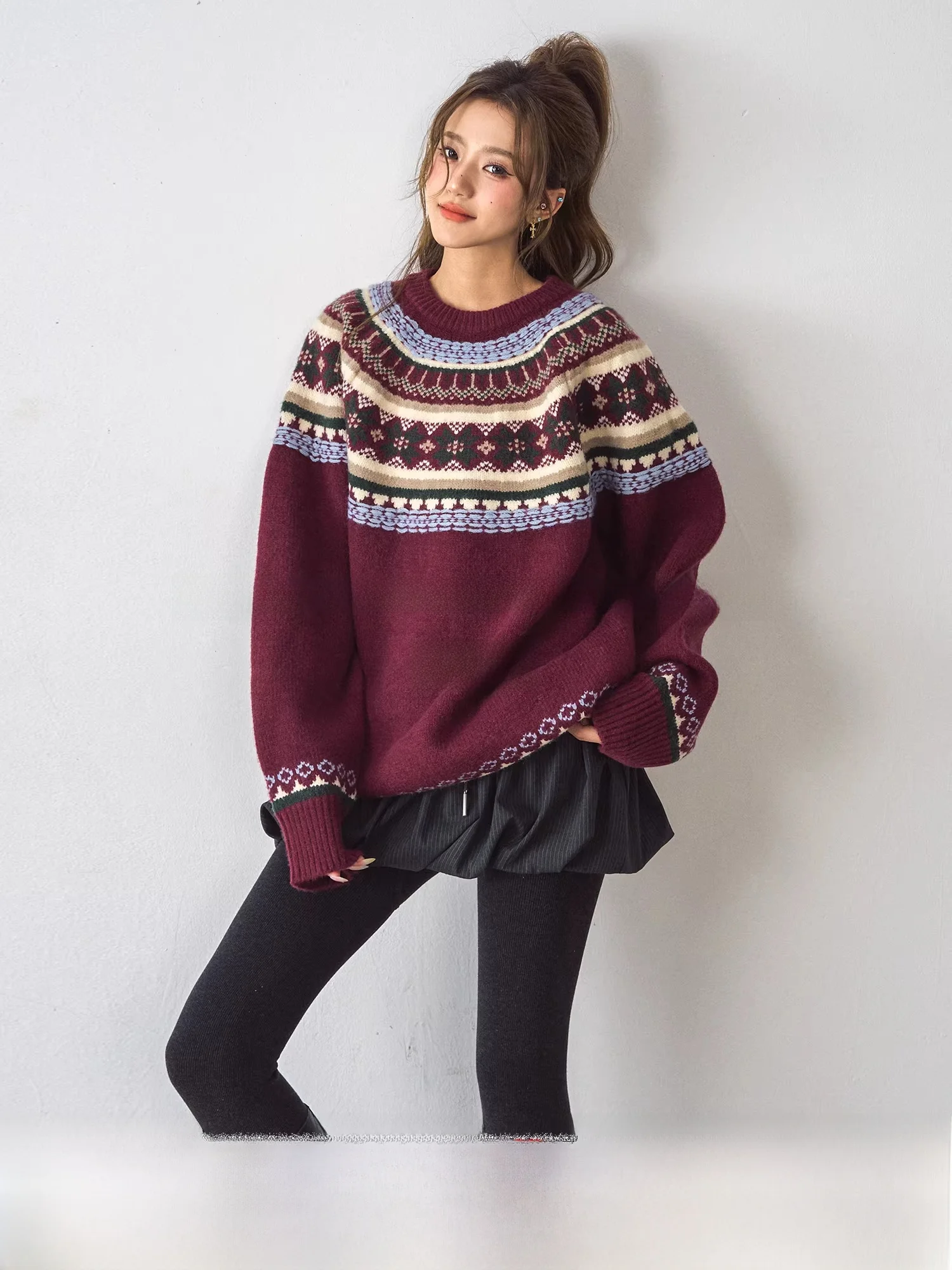 

Red Fair Isle Knit Sweater Women's Winter Thiened Lazy High-End Feeling Chant2nd Sweet Sle Loose Fit Long Sve Crew Ne