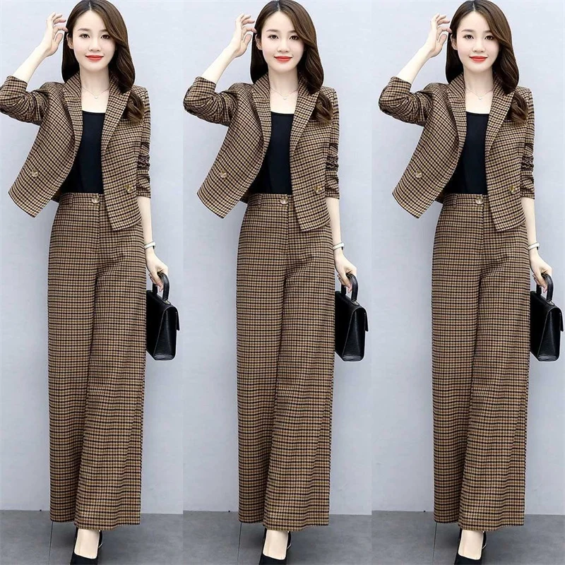 2022 Women\'s New Long-Sleeved Ladies Temperament Thin Goddess Fan Wide-Leg Pants Plaid Professional Suit Lady Blazer Jacket Sets