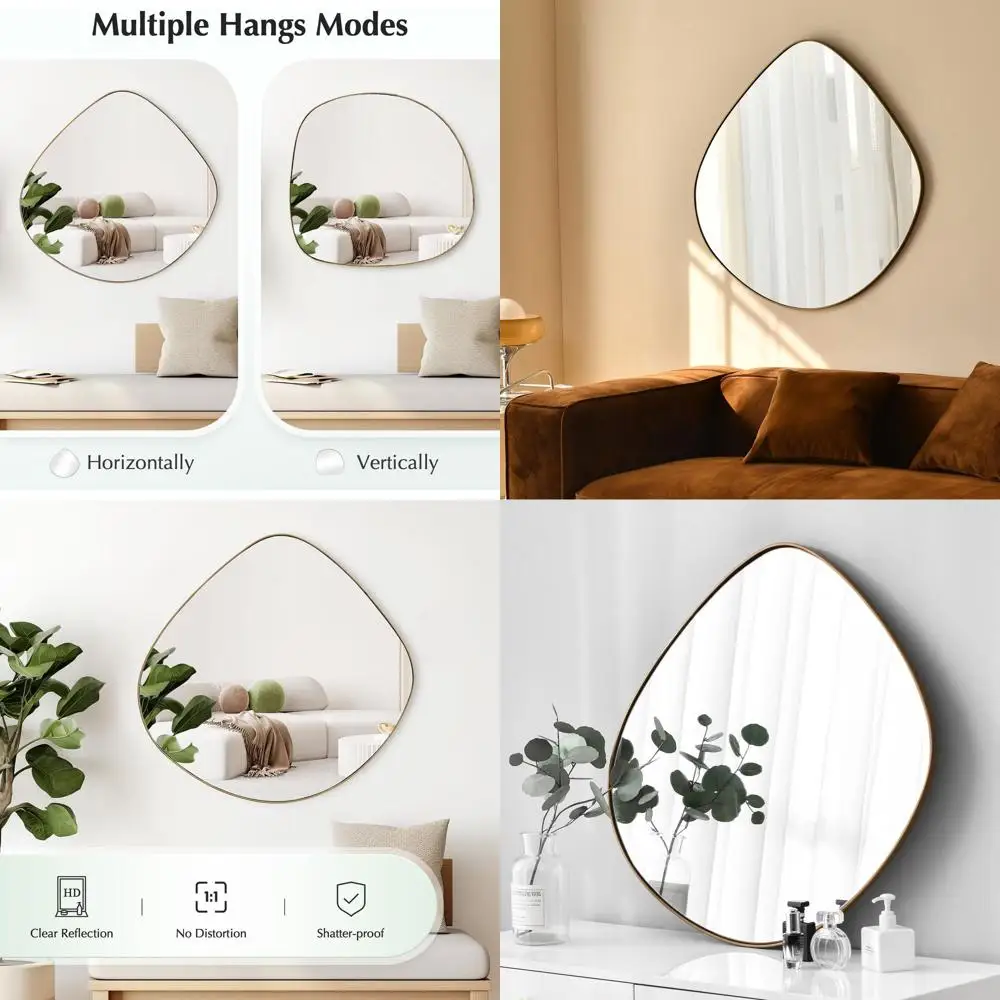 

Асимметричное металлическое латунное настенное зеркало для гостиной, спальни или ванной комнаты - 23,6 x 23,6 дюйма, декоративное настенное украшение