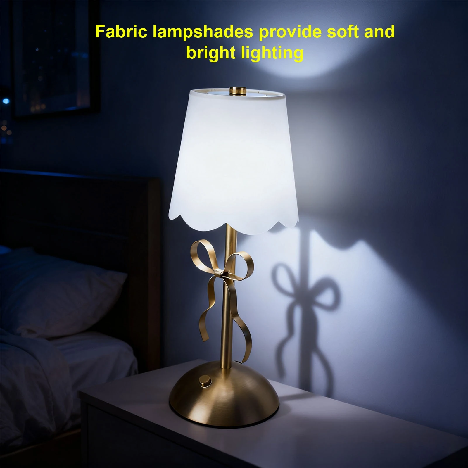 

Bow Table Lamp with Fabric Shade Cute Decorative Metal Rechargeable Cordless Bedside Lamp for Bedroom Cordless Table Lamp