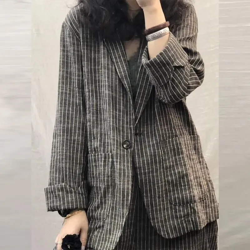 2023 Spring Autumn Women Suit Large Size Casual Suits Fashion Art Retro Loose 2 Piece Set Women Suit Blazer and Pants Linen Set