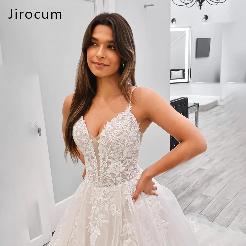 Jirocum elegante linha a renda longo trilha vestido de noiva feminino com decote em v alça de ombro fina aberto volta personalizado vestido de casamento de tule