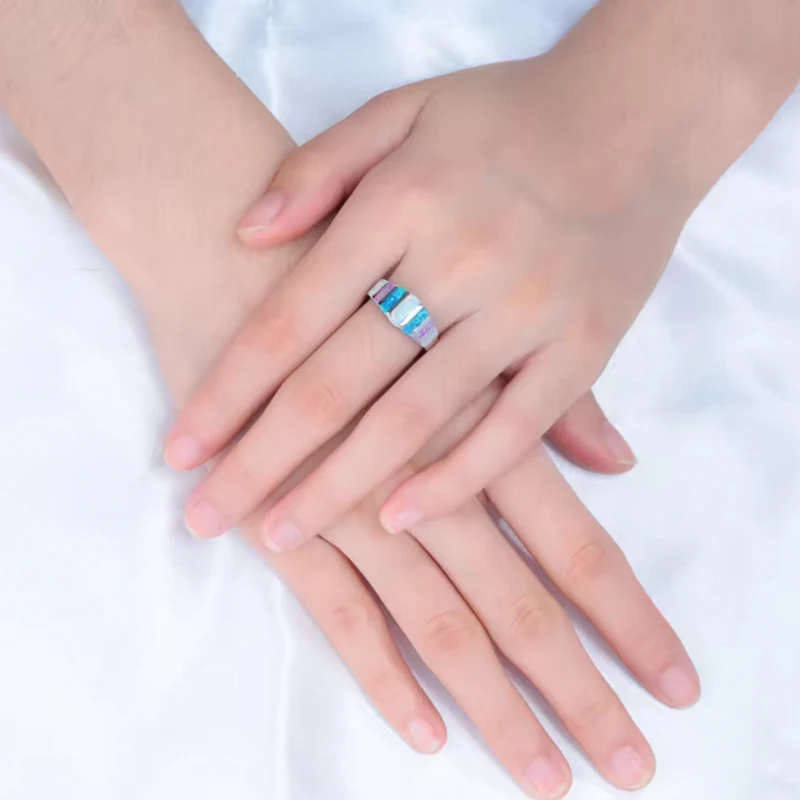 

Classic Geometry Rainbow Opal Rings For Women Girl Wedding Birthday Jewelry Fashion Gifts Ring Size 5-12