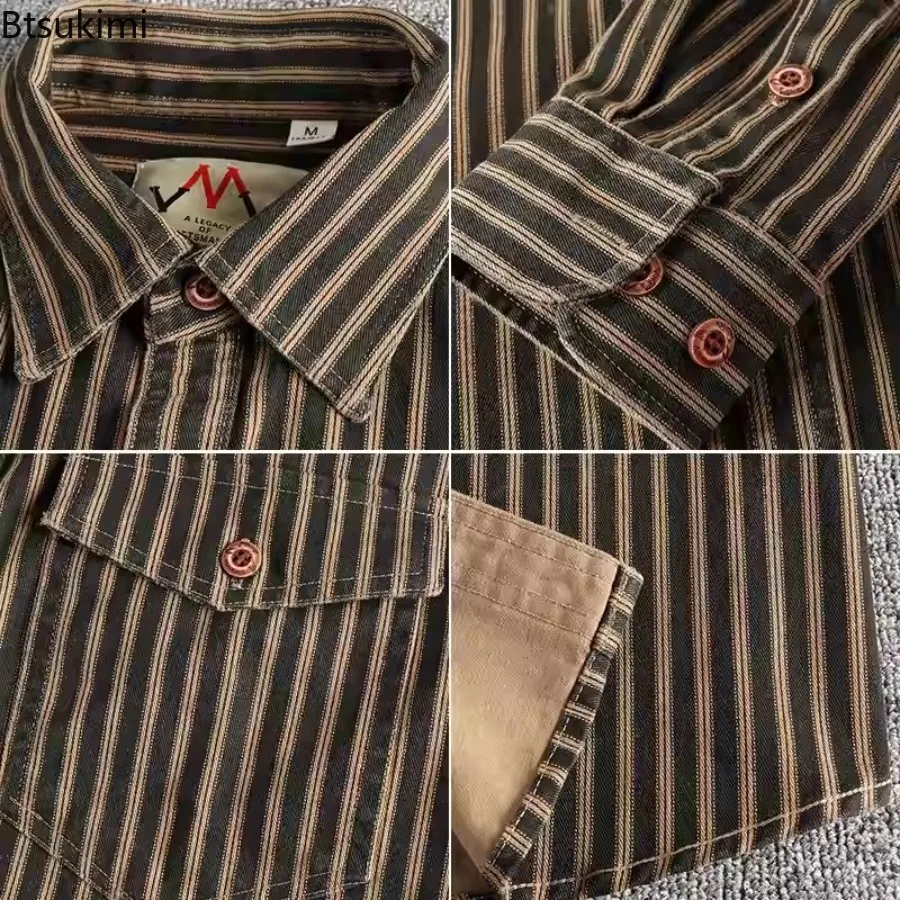 2025 Spring and Autumn New Fashion Retro Woven Striped Cargo Shirt Men's Comfort 100% Cotton Washed Double Pockets Shirt Jacket