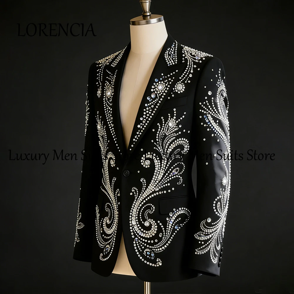 

Luxury Crystal Male Suits 2 Pieces Glitter Diamond Tuxedos Evening Party Outfits 2025 Customized Blazer Pants roupas masculinas