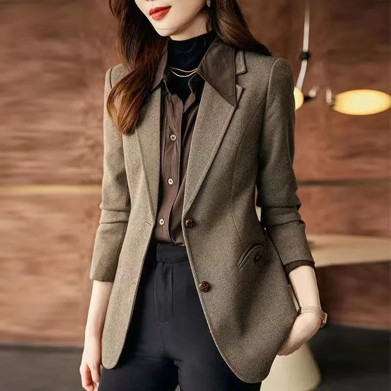 Blazer de lana de espiga para mujer, chaqueta ajustada de oficina, abrigo corto clásico, Tops informales, novedad de otoño e invierno, 2024