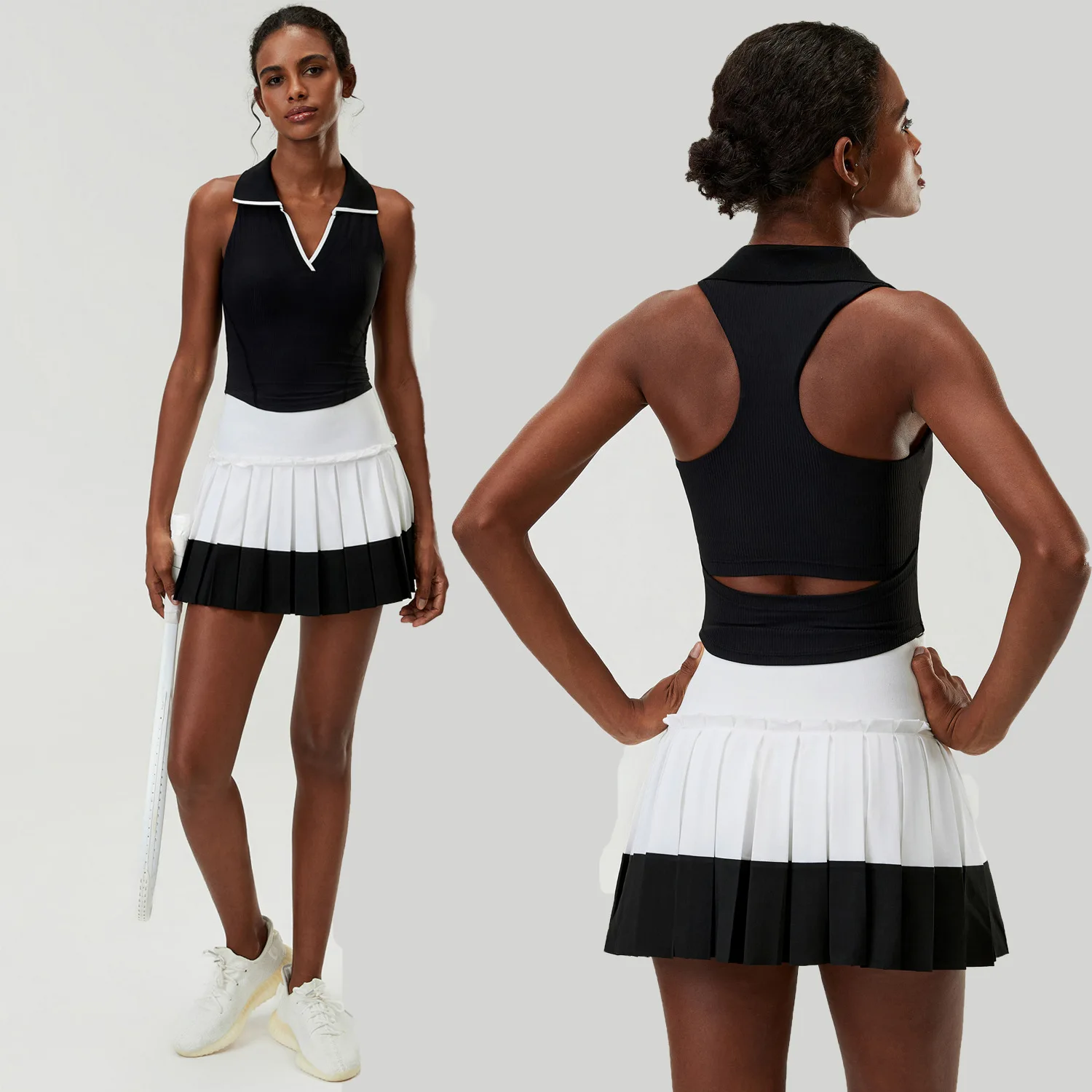Women Tennis Outfit 2 Piece Set Ribbed Polo V Neck Tank Top Color Block Pleated Skort Built-in Shorts Golf Workout Sports Suit