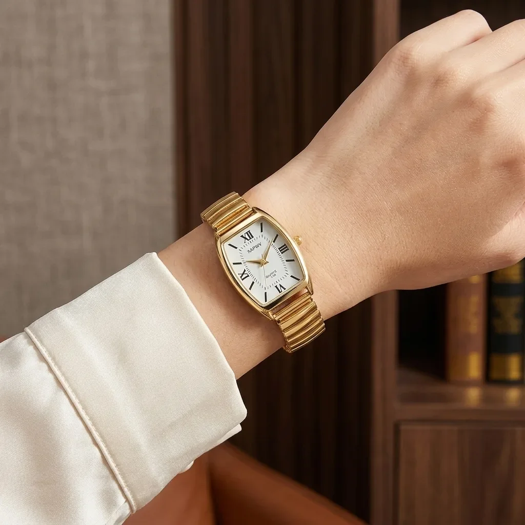 

Gold Elastic Strap Retro Women Watch Barrel Roman Numeral Dial Minimalist Elegant Ladies Quartz Wrist Watch For Daily Work Party