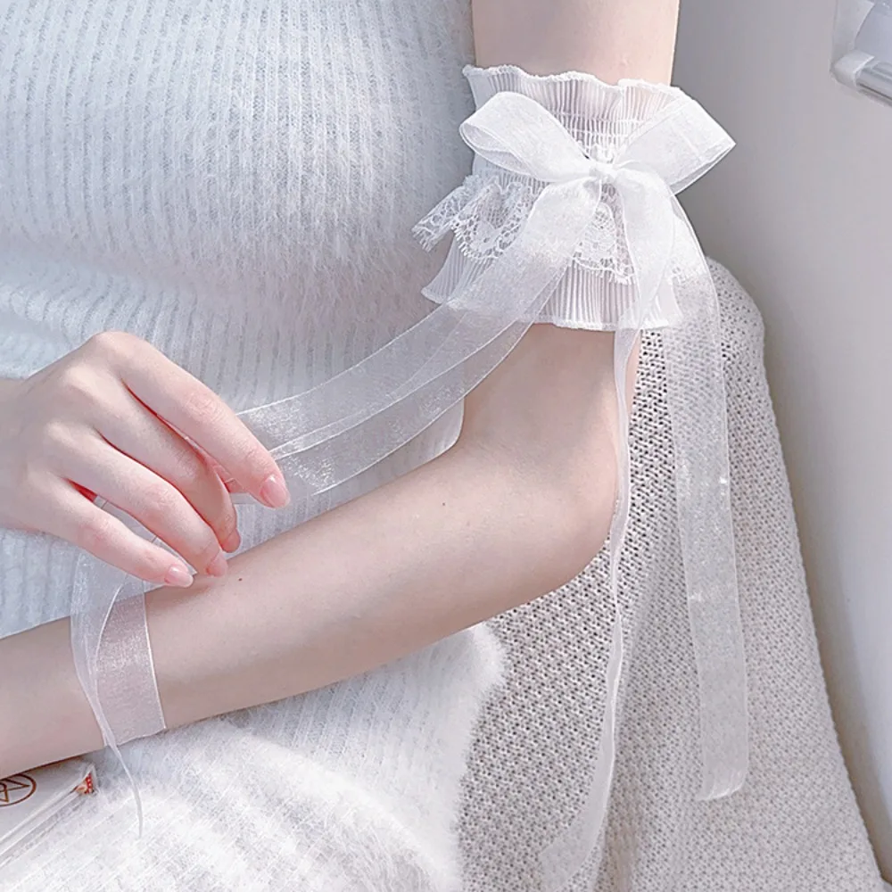 Calentadores de brazos con lazo, manga de mano, cubierta elástica para brazo, Cosplay de sirvienta Lolita, puños de encaje en capas florales con volantes para novia