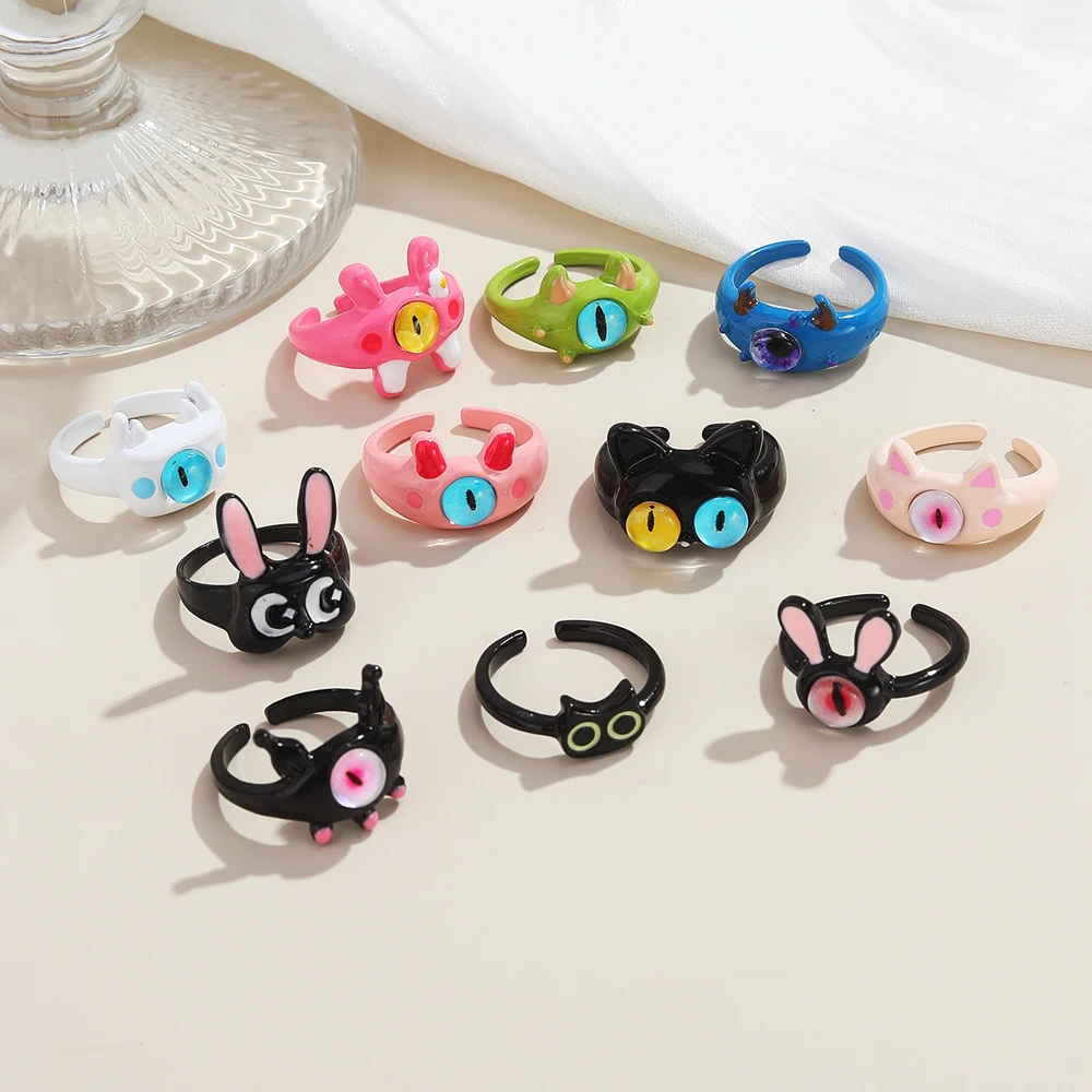 FNIO 2024 Y2K Cute Geometric Black Cat Opening Rings Funny Rabbit Monster Cartoon Rings Accessories Jewelry for Women