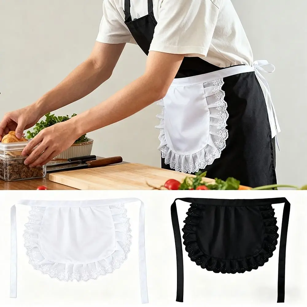 New Lolita Maid Apron Sexy Lace Black White Cooking Kitchen Apron Half Waist Apron Beauty Flower Coffee Shop