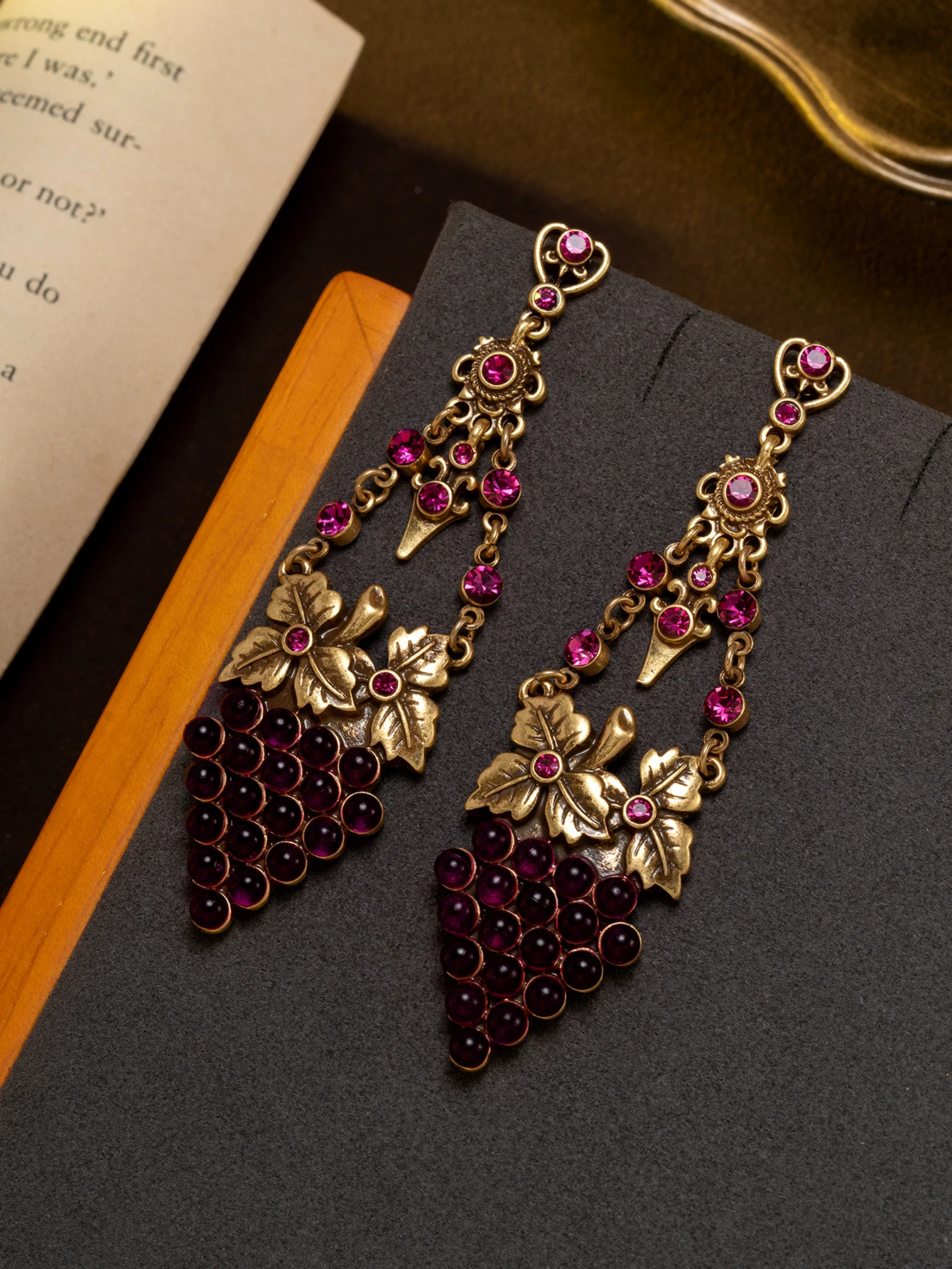 A Pair of Vintage Bronze-Colored Purple Grape Cluster Earrings with Rose Pink Diamond Inlays and Tassels for Everyday Wear and Parties